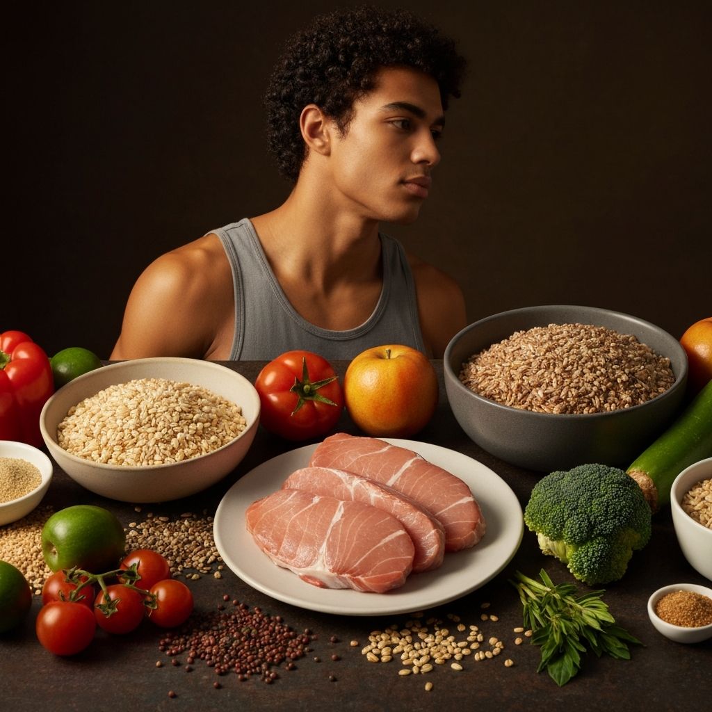 Energy-boosting foods including whole grains, proteins, and fresh vegetables