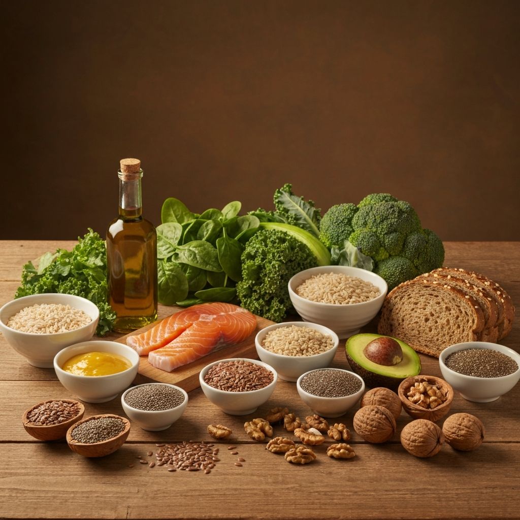 Foods supporting healthy aging including omega-3 sources and whole grains