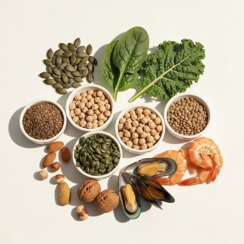 Mineral-rich foods including seeds, leafy greens, and legumes