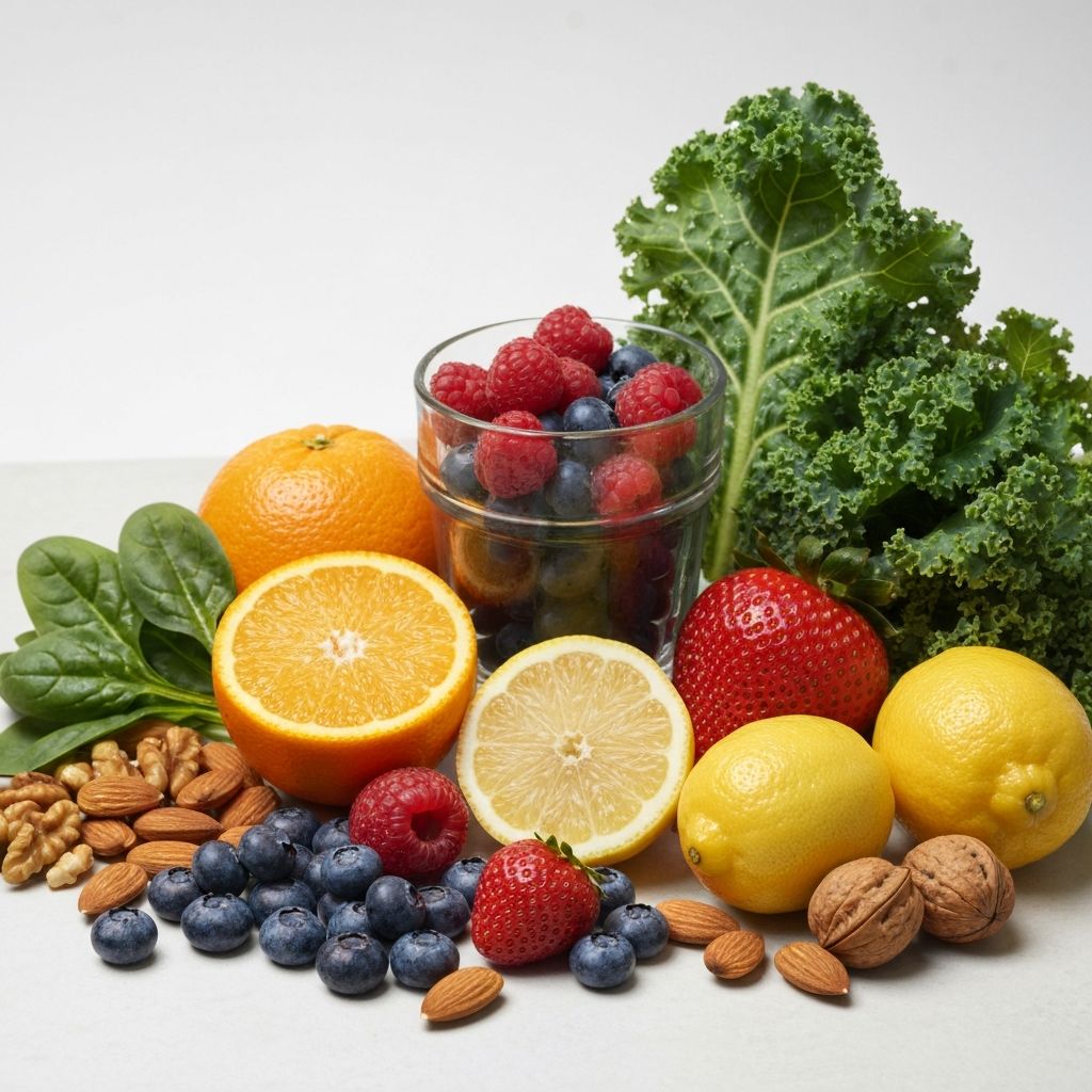 Vitamin-rich foods including citrus, berries, and leafy greens